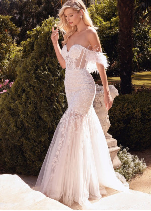 Strapless Ivory Lace Tulle Wedding Dress With Detachable Feather Cape